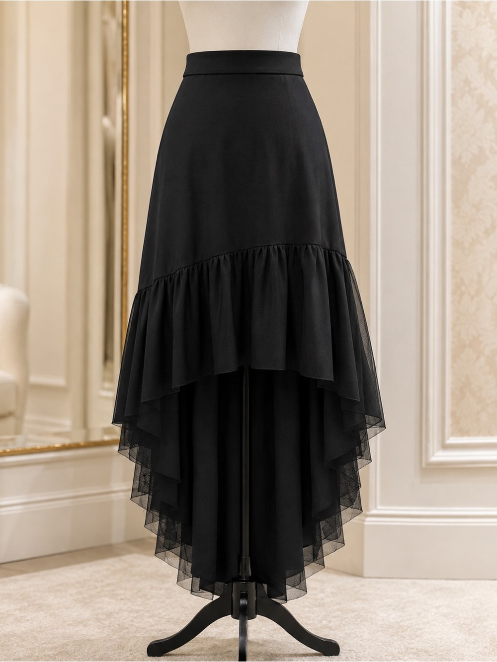 BCBGMAXAZRIA Black High Low Tiered Mesh Skirt Small NWOT Evening Party